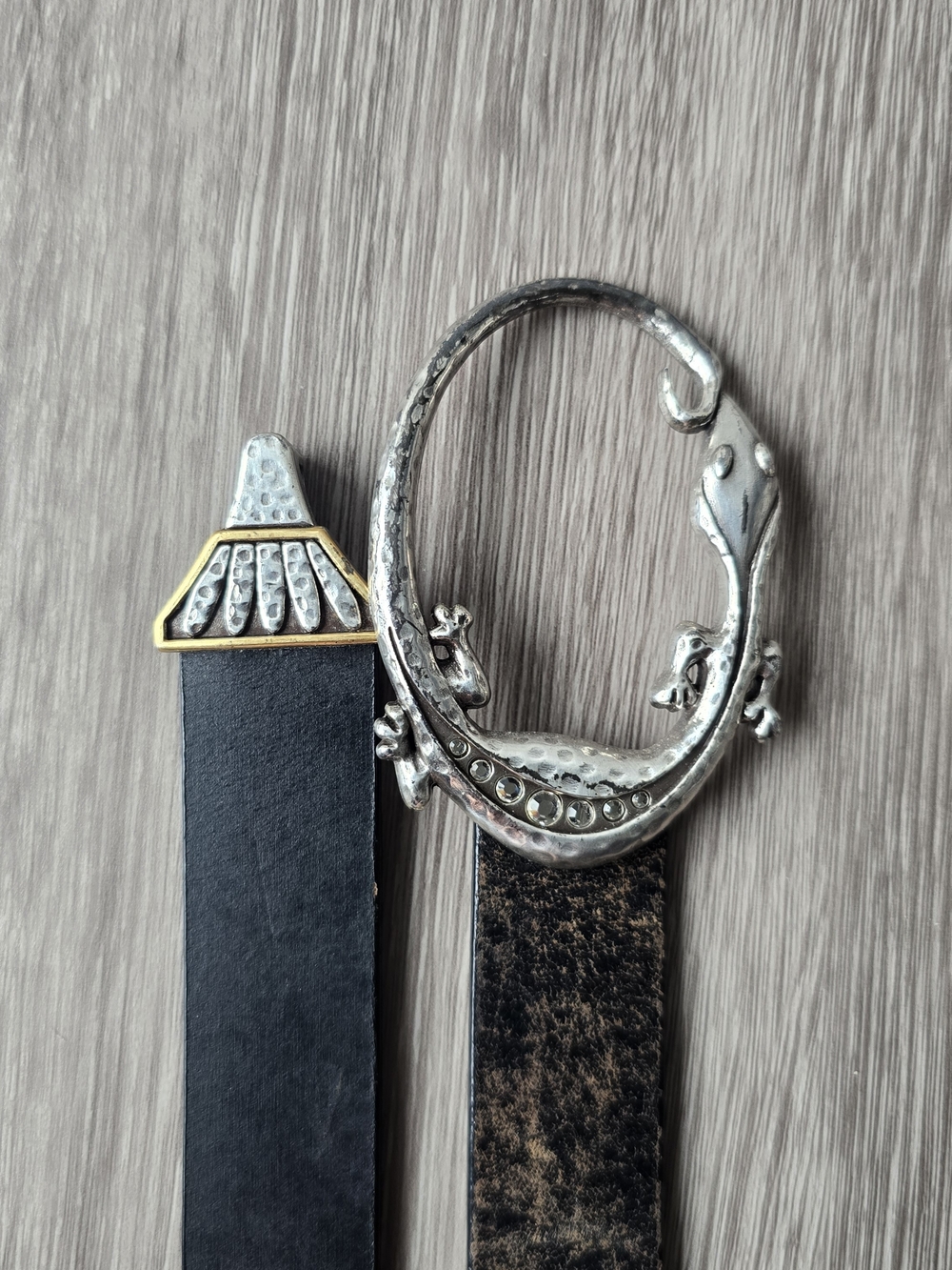 Chico's Black Genuine Leather Belt Silver 3D Gecko Lizard Buckle SM Boho